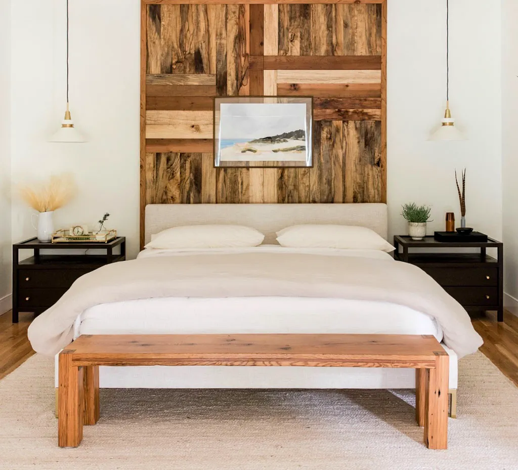 Custom wood accent wall with bench in San Antonio by Green Wood Milling Co.
