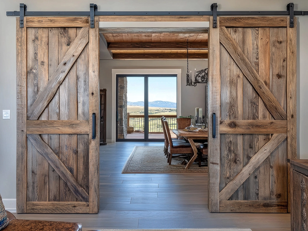 Distressed barn doors and reclaimed wood wall paneling