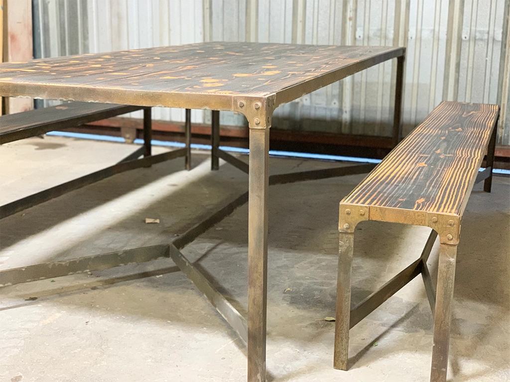 Custom distressed wood furniture with aged rustic finish