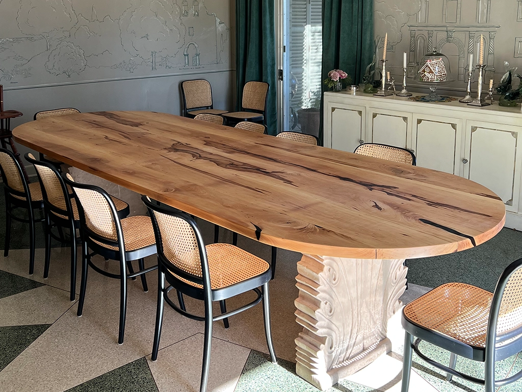 Large flattened wood slabs for conference tables and bar tops