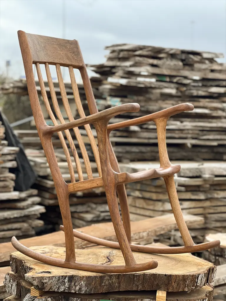 Handcrafted hardwood rocking chair built at Green Wood Milling sawmill San Antonio