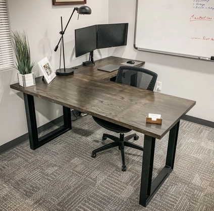 Custom L-shape wood computer desk with metal base