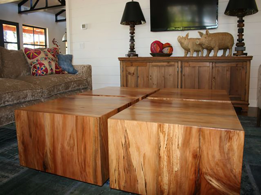 Solid wood cube coffee tables in rustic living room