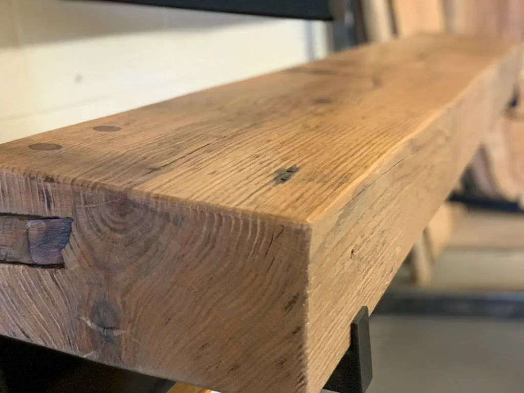 Reclaimed beam mantle close-up detail by Green Wood Milling Co.