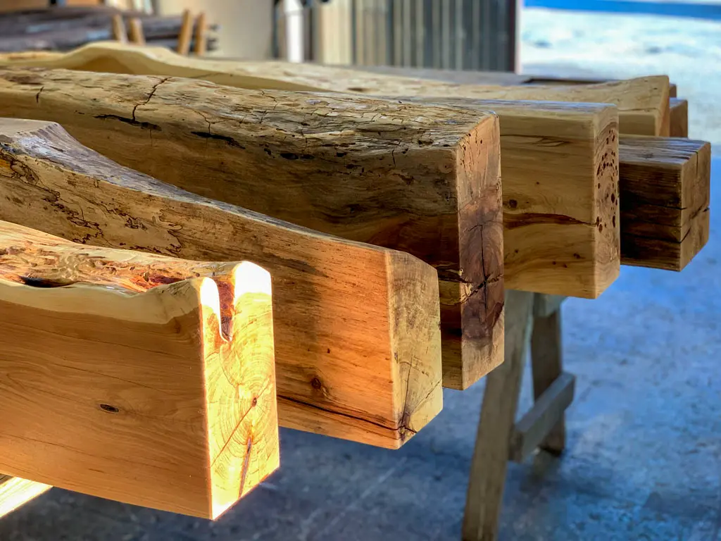 Raw mantle slabs drying in workshop at Green Wood Milling Co.