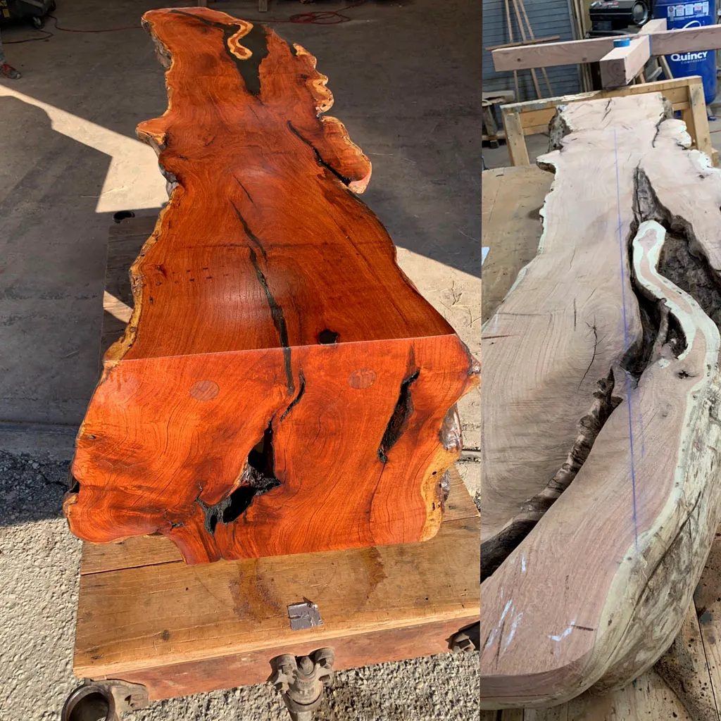 Live edge wood slabs prepared for custom outdoor furniture in San Antonio