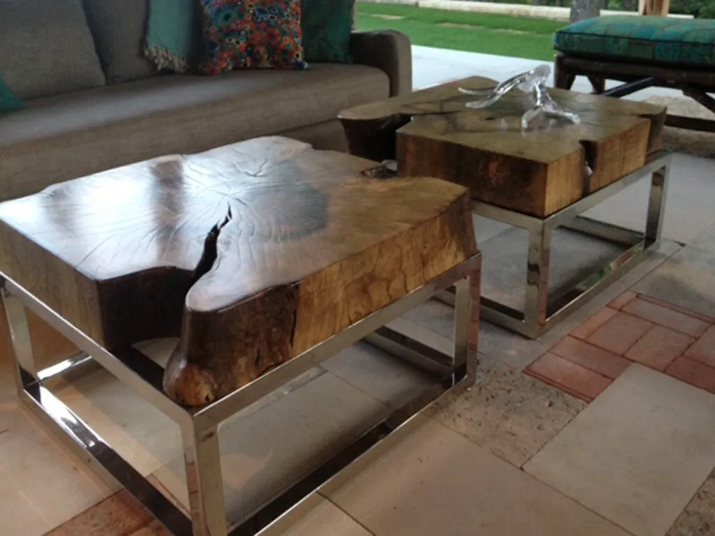 Solid wood slab patio coffee tables with chrome metal frames