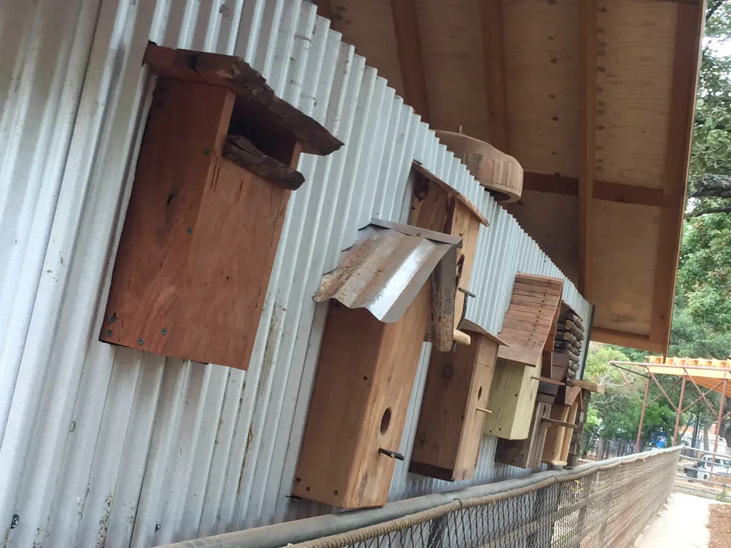 Rustic reclaimed wood birdhouses mounted on corrugated metal wall