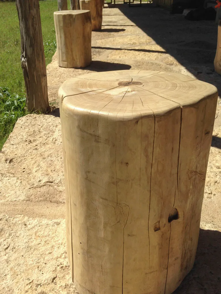 Solid wood stump stools polished for outdoor bar seating