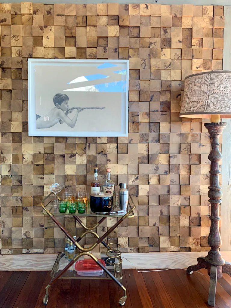 Wood block mosaic accent wall art handcrafted in San Antonio