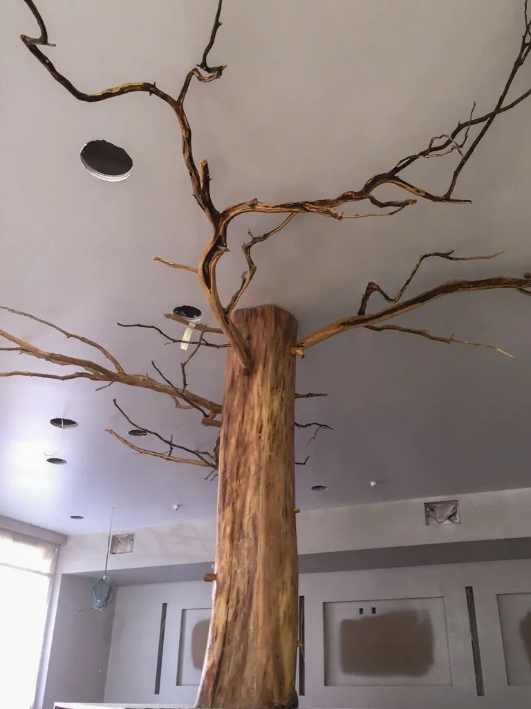 Natural tree trunk ceiling sculpture in San Antonio